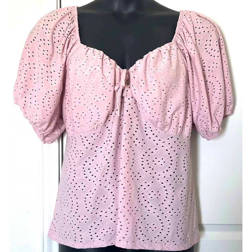 Pink Eyelet Peasant Top By Soho Girls 3XL Short Puff Sleeves Polyester & Spandex